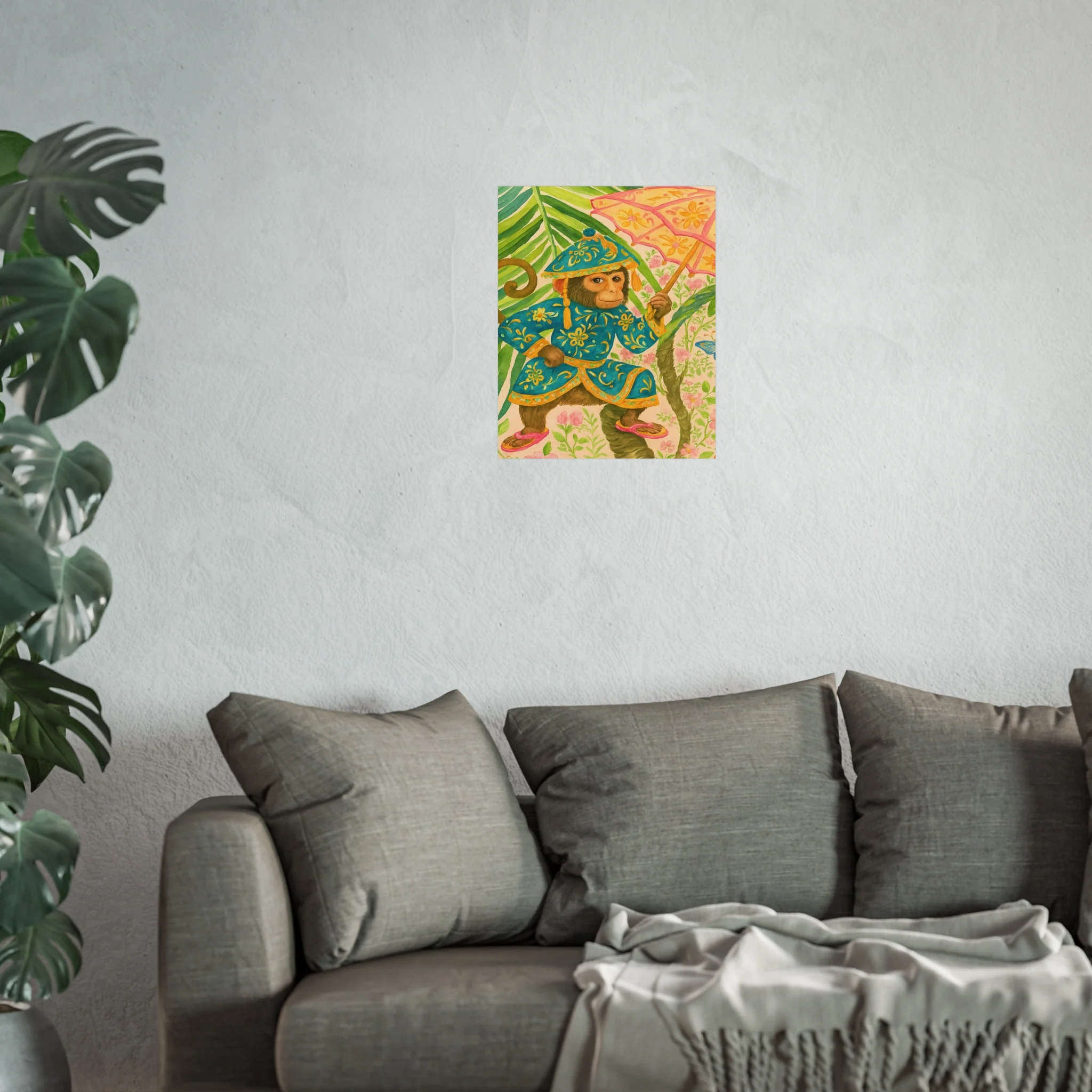 Monkey and Umbrella Chinoiserie Fine Art Poster - Green - Image 31