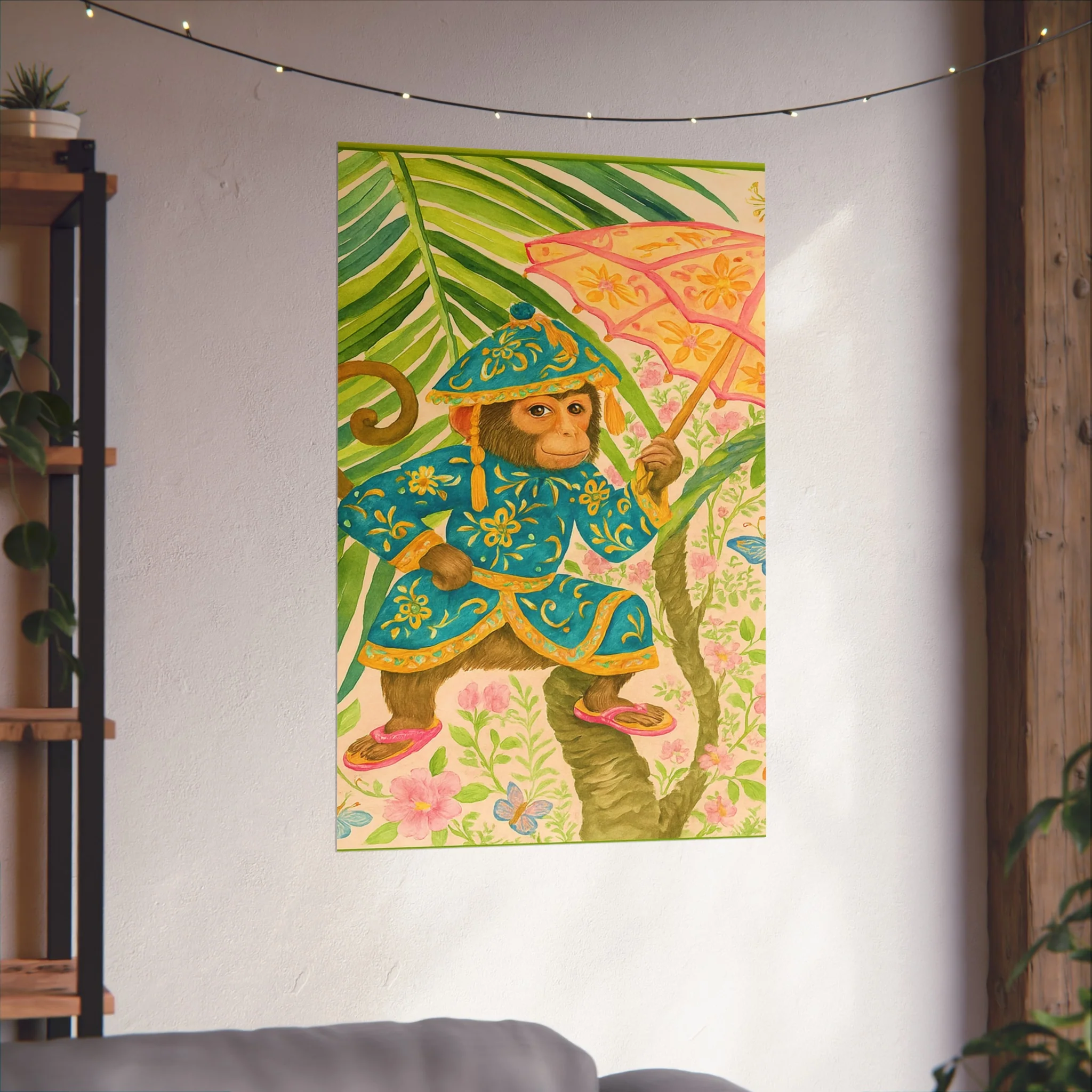 Monkey and Umbrella Chinoiserie Fine Art Poster - Green - Image 46