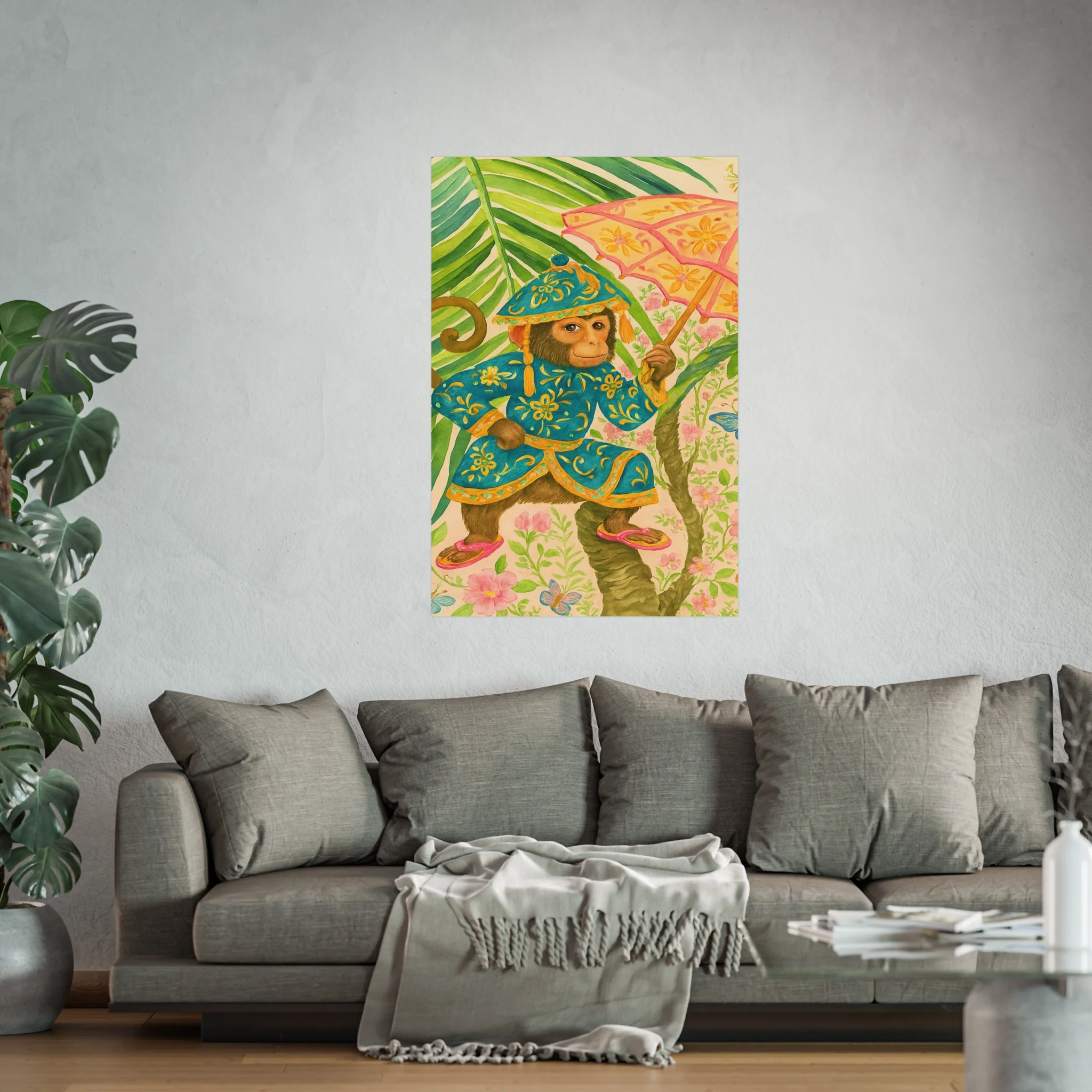 Monkey and Umbrella Chinoiserie Fine Art Poster - Green - Image 47