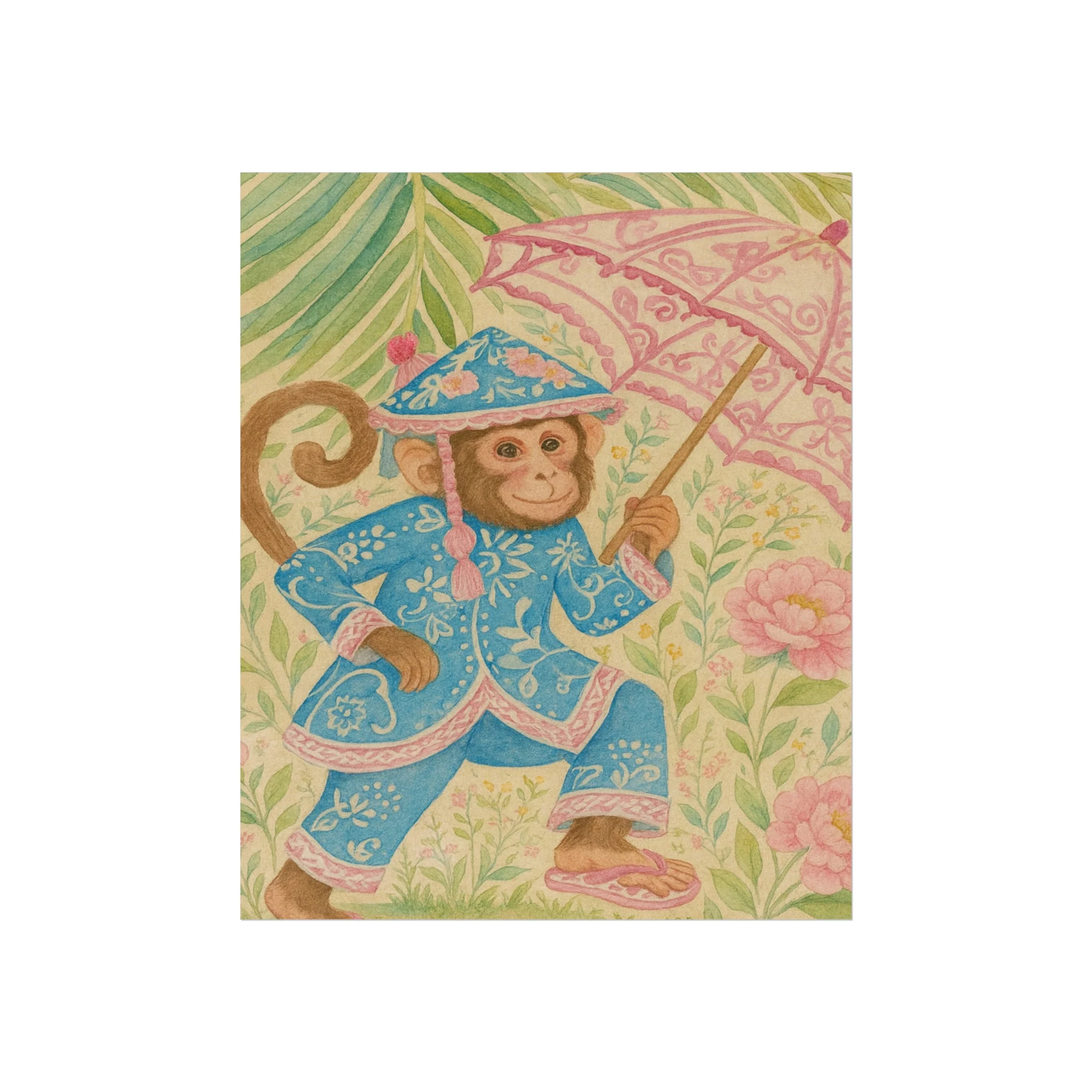 Monkey in Blue Suit and Pink Umbrella Fine Art Poster - Image 3