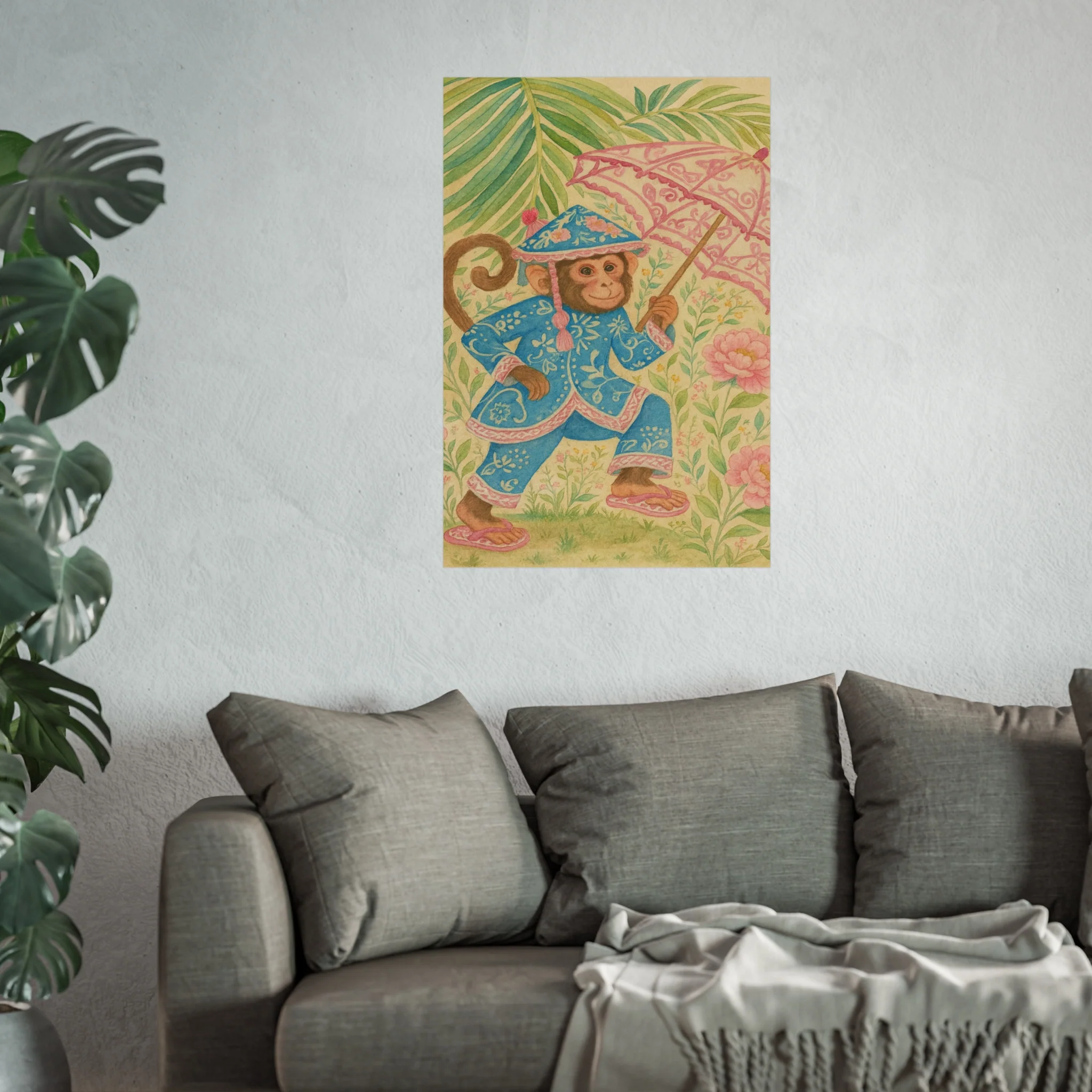 Monkey in Blue Suit and Pink Umbrella Fine Art Poster - Image 43