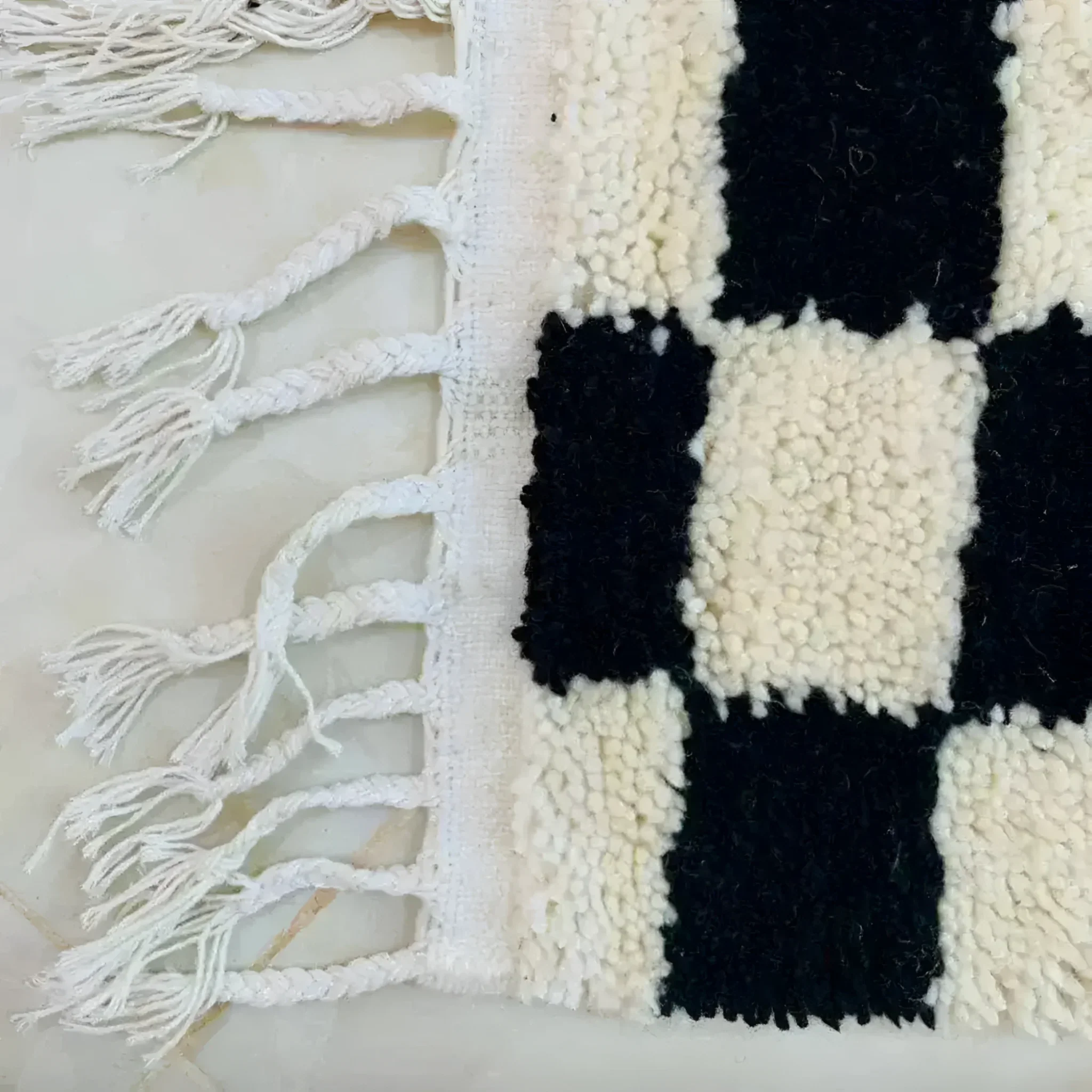 Moroccan Berber Handwoven Checker Wool Area Rug with Tassels - Black and White - Image 4