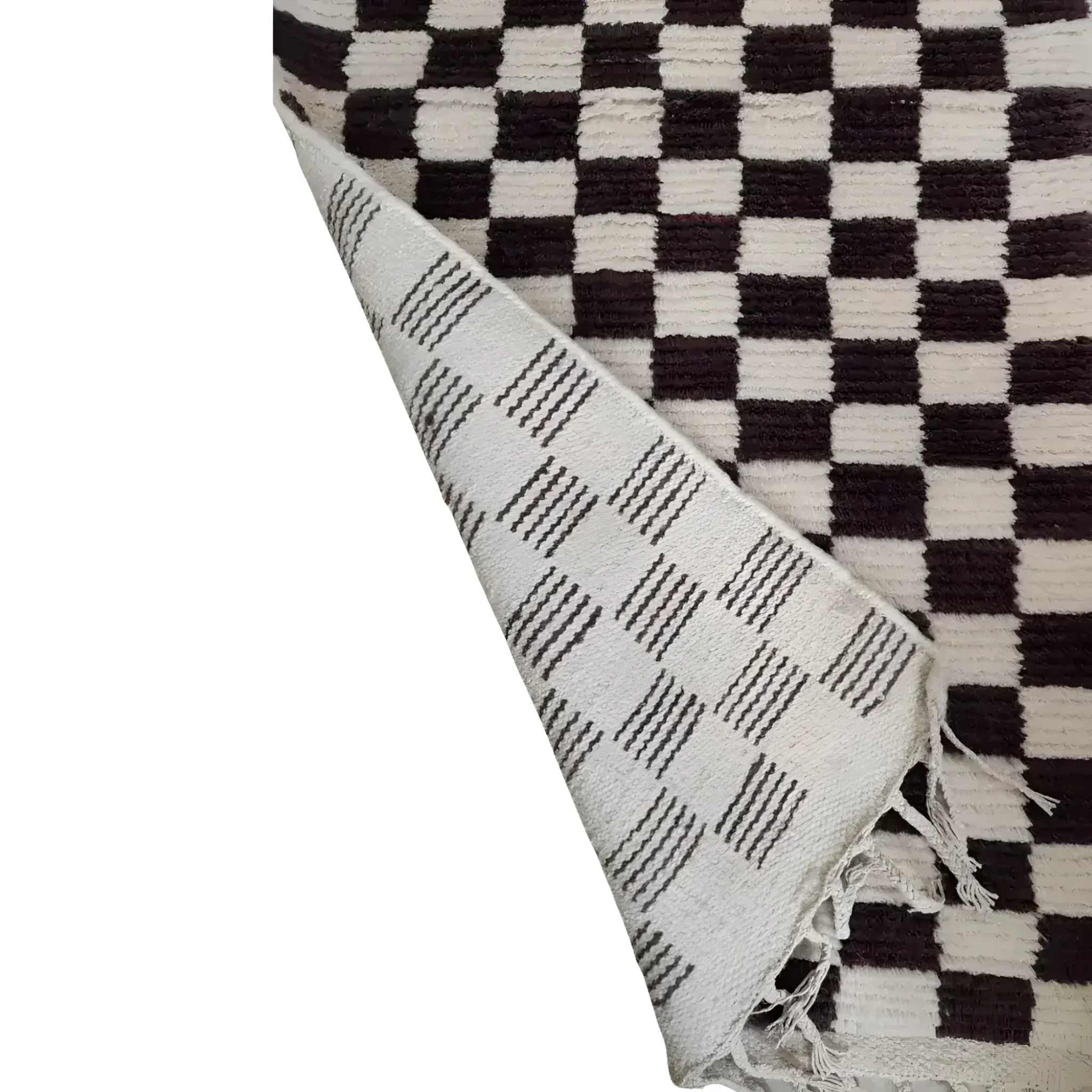 Moroccan Berber Handwoven Checker Wool Area Rug with Tassels - Dark Brown and White - Image 3