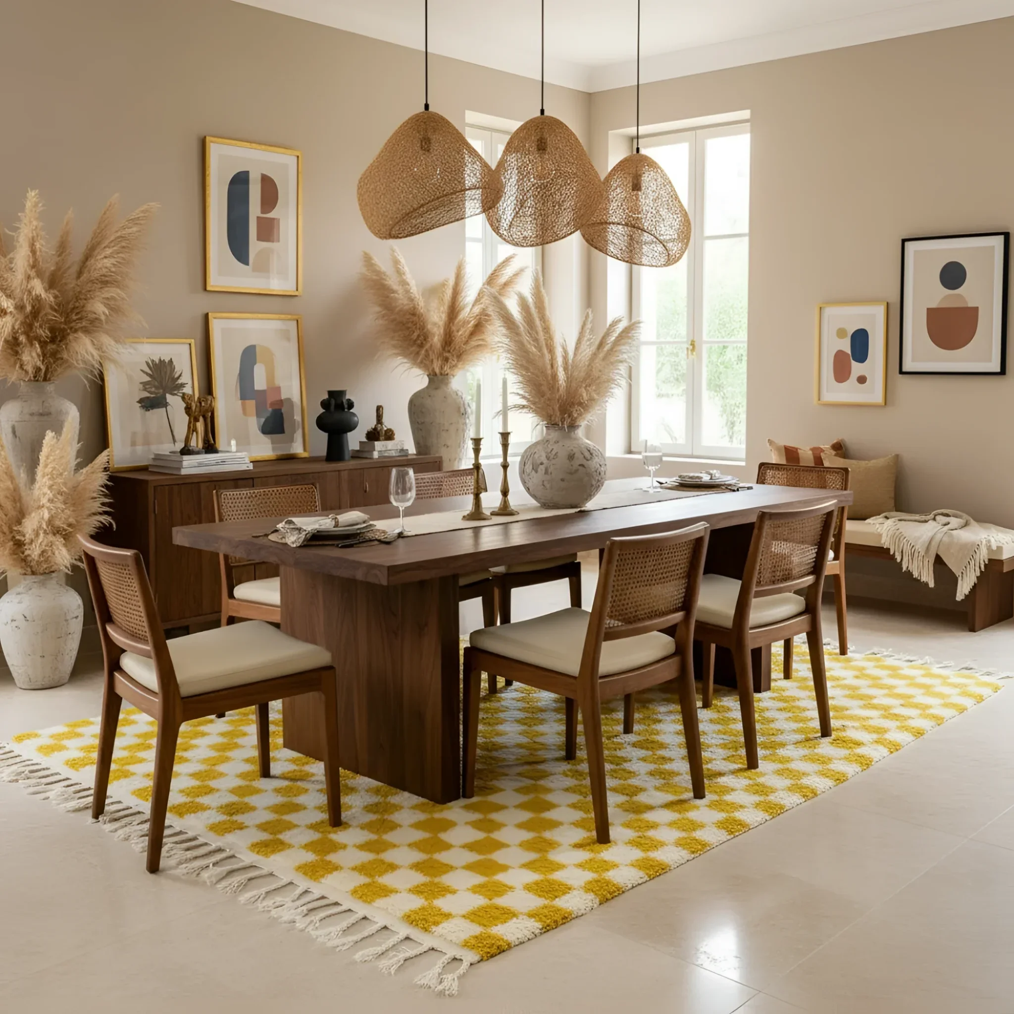 Moroccan Berber Handwoven Checker Wool Area Rug - Yellow and White - Image 3