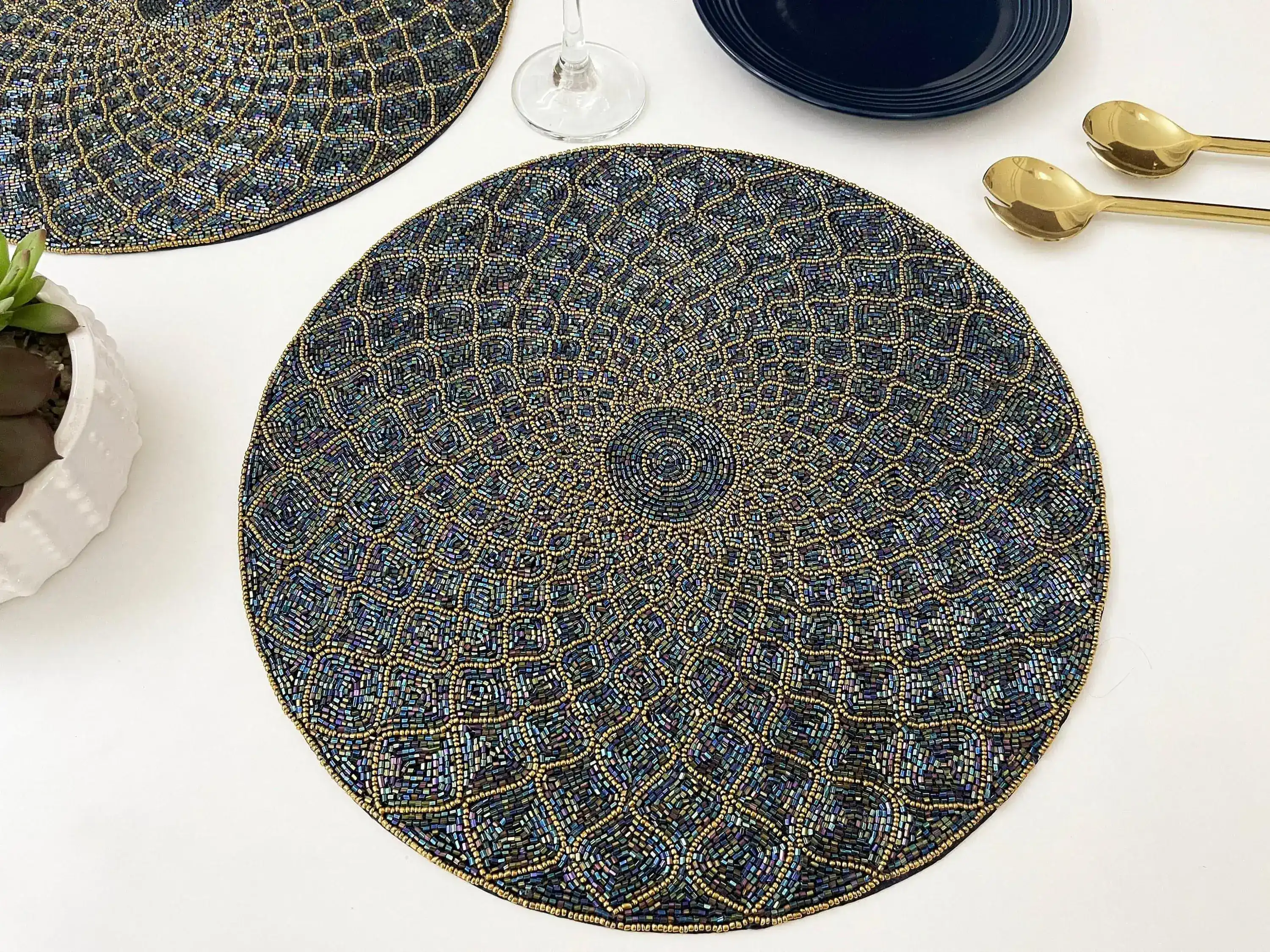 Moroccan Diamond Round Beaded Placemat - Blue - Image 4
