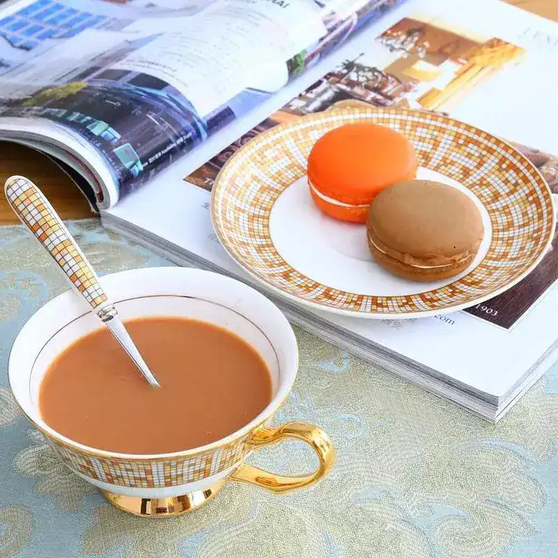 Mosaic Pattern Bone China Tea Cup with Saucer - Image 9