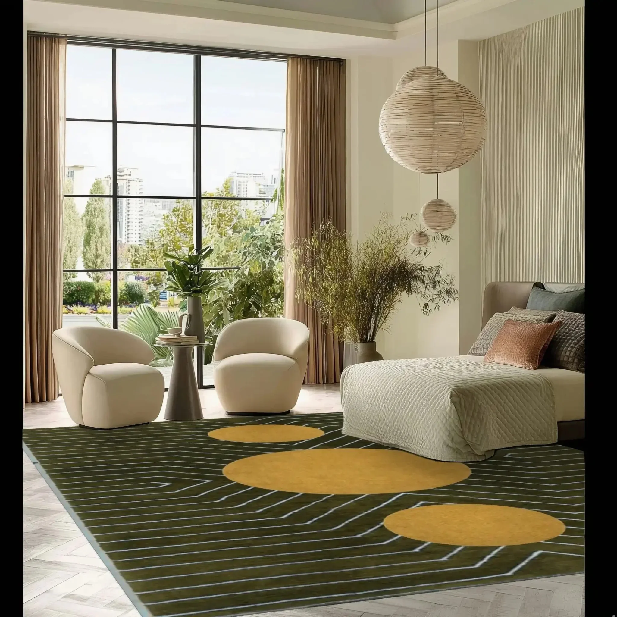 Moss Green Golden Geometric Hand Tufted Wool Rug - Image 4