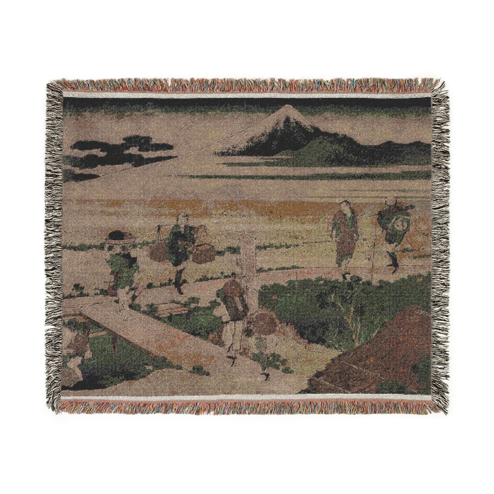 mount-fuji-travellers-by-a-bridge-katsushika-hokusai | Woven Tapestry Blanket - Image 2