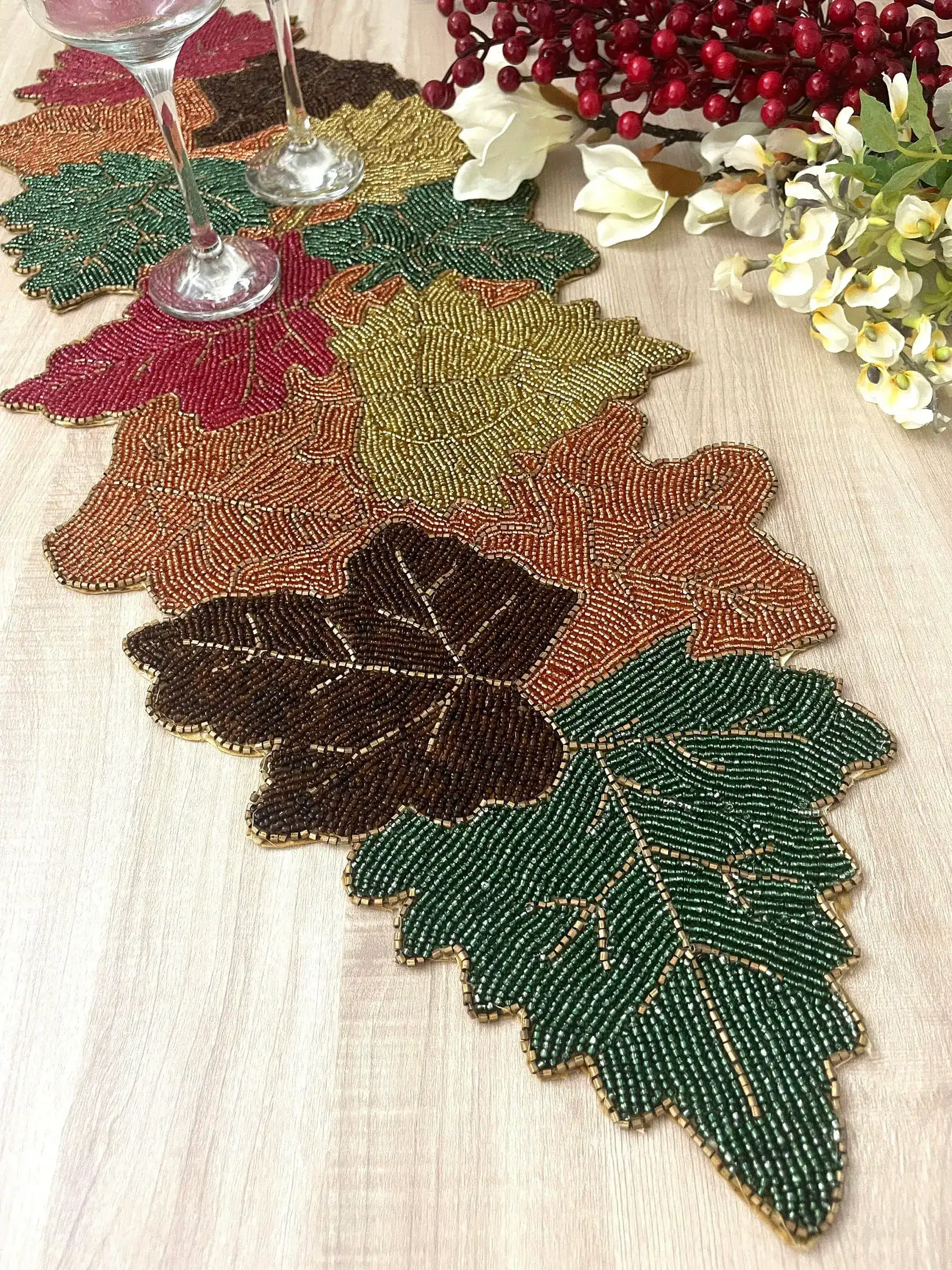 Multi-colored Maple Leaf Beaded Table Runner - Image 5