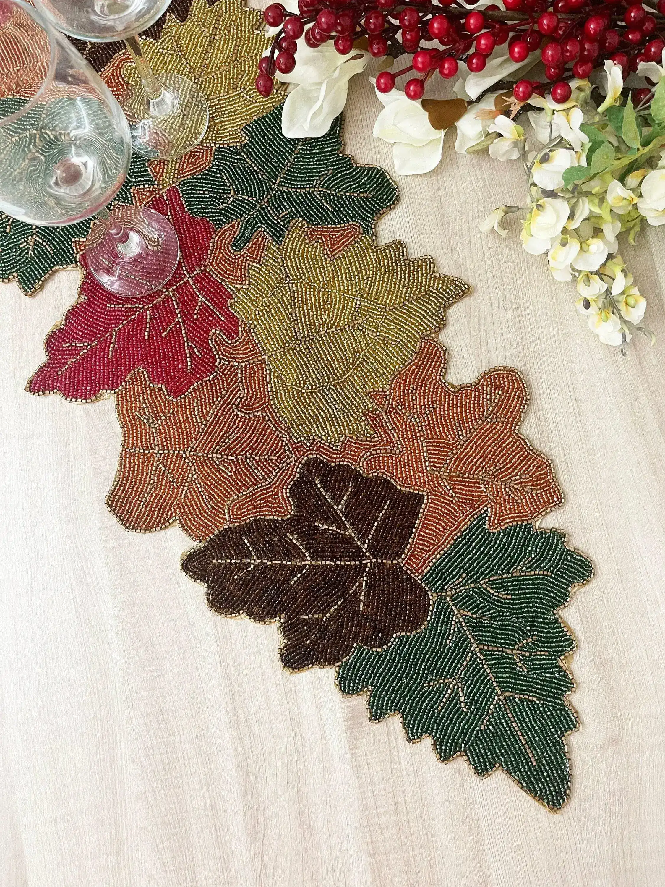 Multi-colored Maple Leaf Beaded Table Runner - Image 7