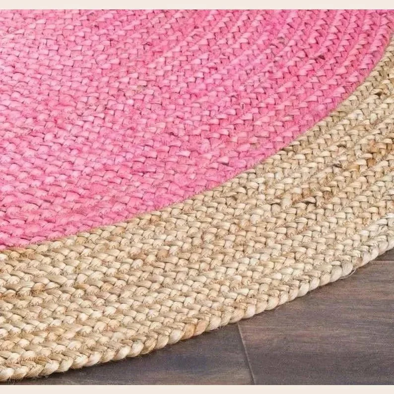 Natural Bordered Bright Pink Round Jute Rug - Image 5
