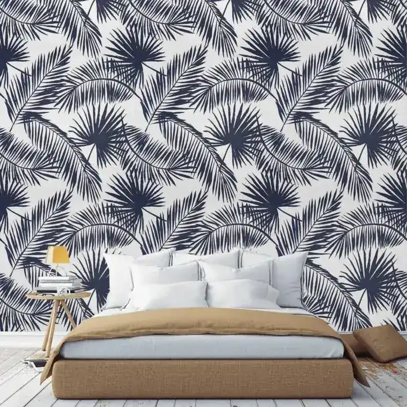 Navy Blue and White Tropical Oversized Palm Leaves Wallpaper - Image 2