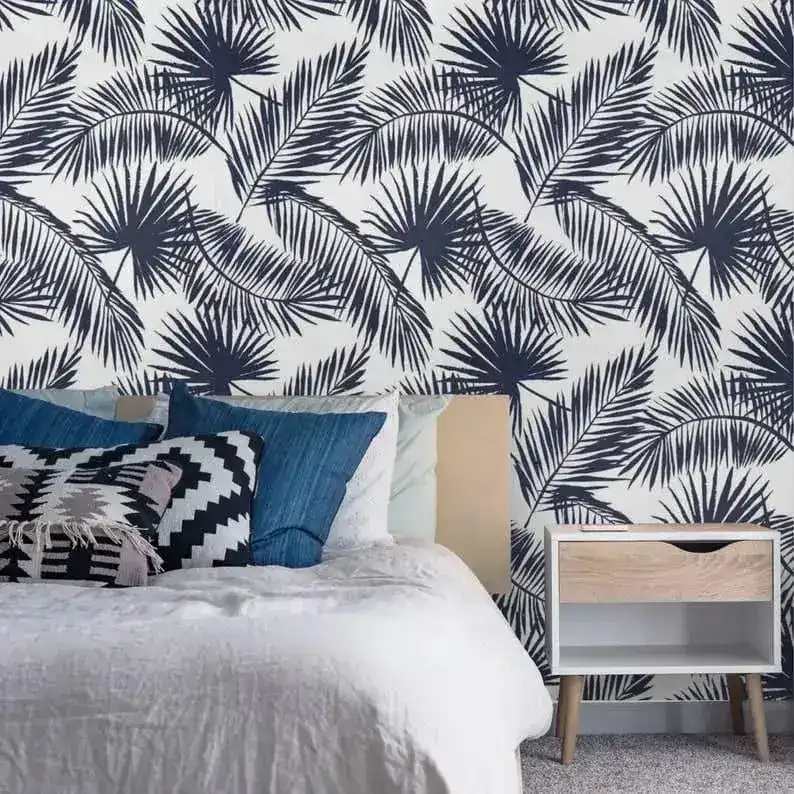 Navy Blue and White Tropical Oversized Palm Leaves Wallpaper - Image 3