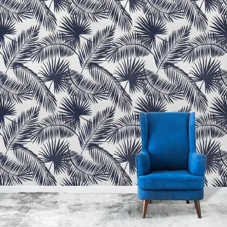 Navy Blue and White Tropical Oversized Palm Leaves Wallpaper - Image 4