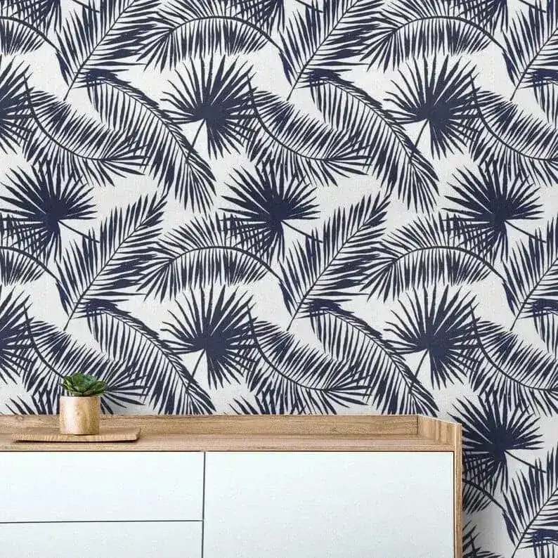 Navy Blue and White Tropical Oversized Palm Leaves Wallpaper - Image 6