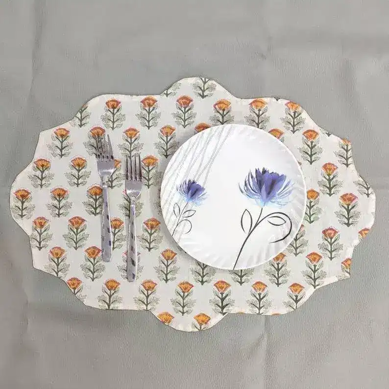 Orange Block Printed Floral Scalloped Oval Cotton Placemats - Image 5