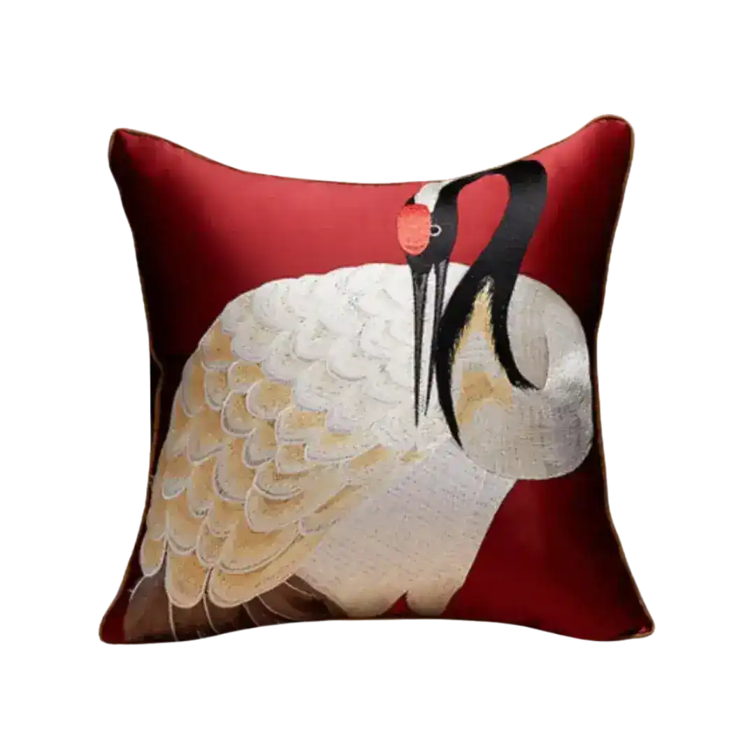 Oriental Crane Embroidered Satin Throw Pillow Cover - Image 3