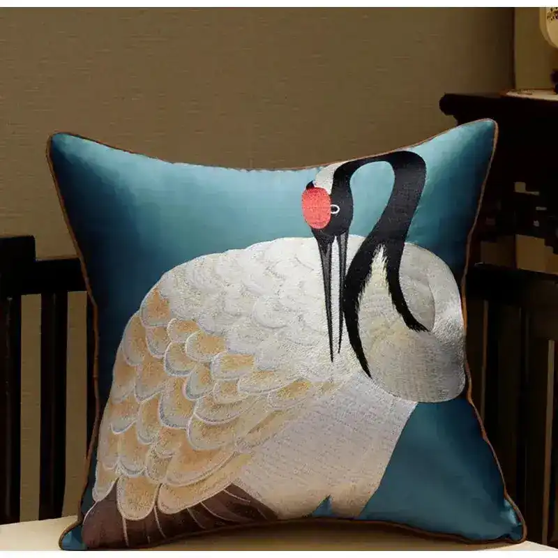 Oriental Crane Embroidered Satin Throw Pillow Cover - Image 5