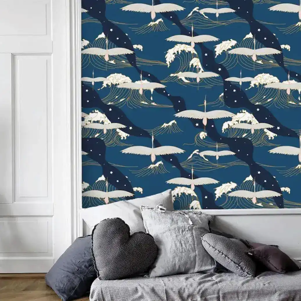 Oriental Wave and Cranes Dark Blue Wall Paper - Image 3