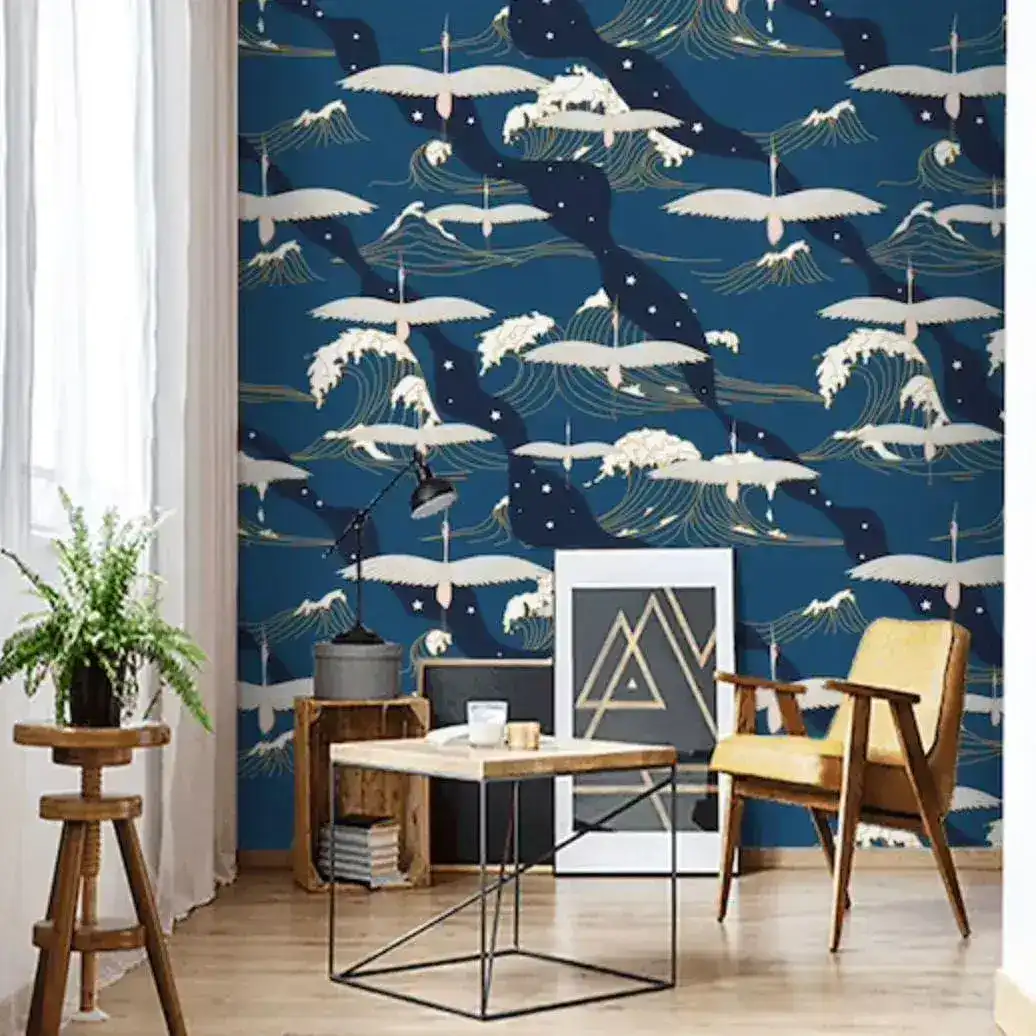 Oriental Wave and Cranes Dark Blue Wall Paper - Image 4