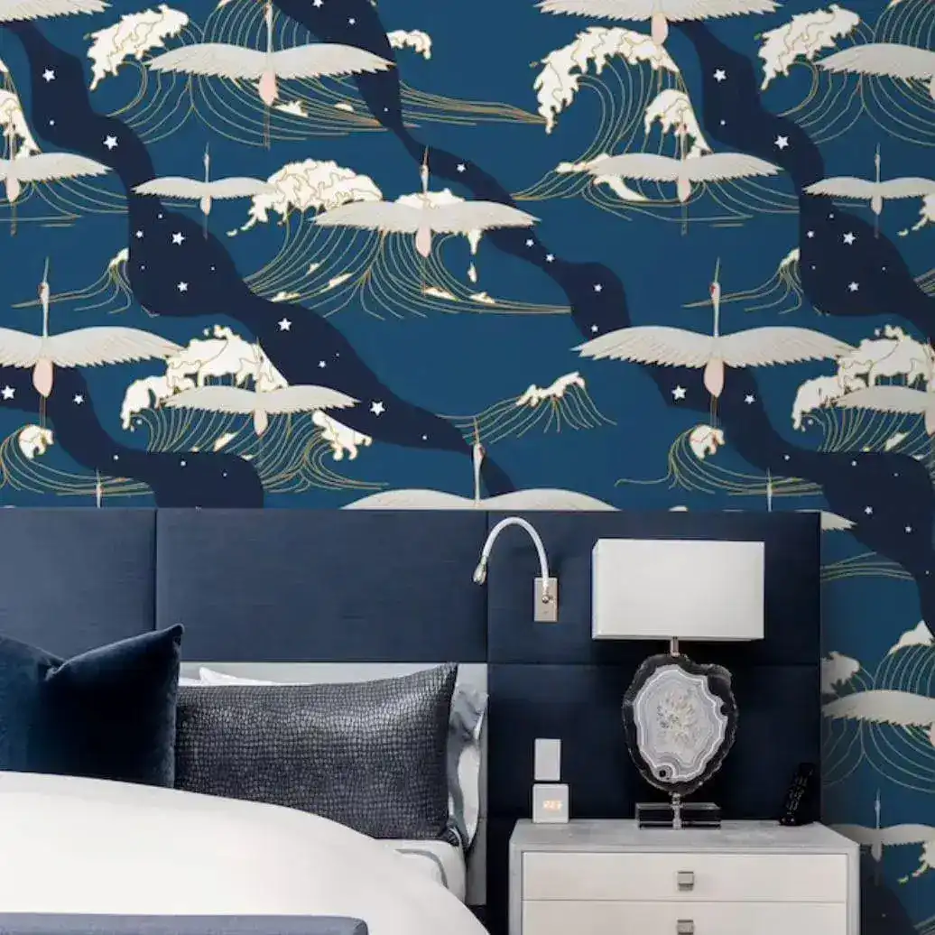 Oriental Wave and Cranes Dark Blue Wall Paper - Image 5
