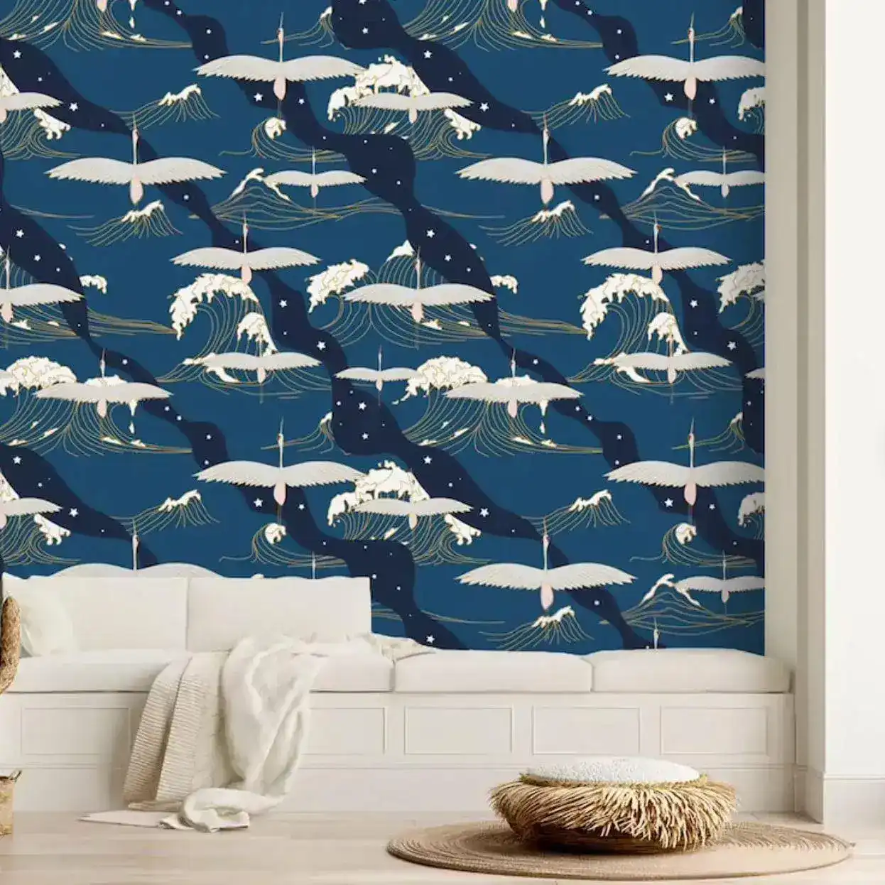 Oriental Wave and Cranes Dark Blue Wall Paper - Image 6