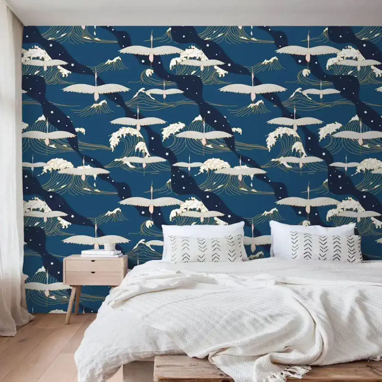 Oriental Wave and Cranes Dark Blue Wall Paper - Image 7