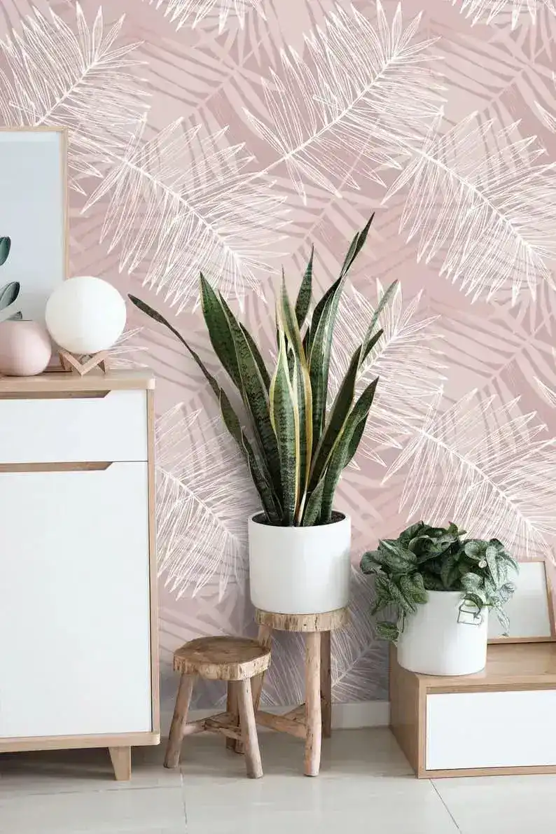Oversized White and Pink Tropical Palm Leaves Wallpaper - Image 2