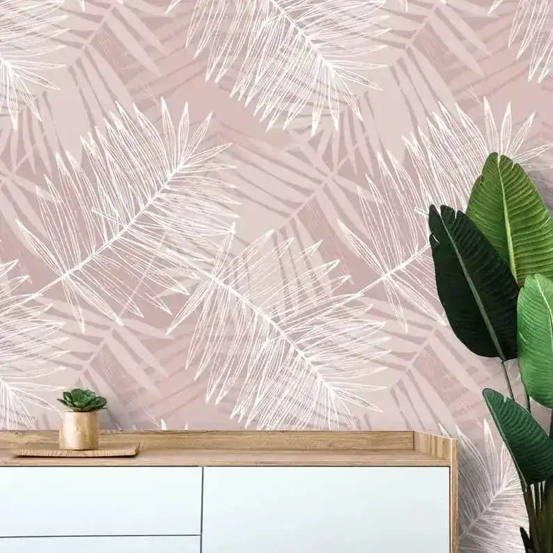 Oversized White and Pink Tropical Palm Leaves Wallpaper - Image 3