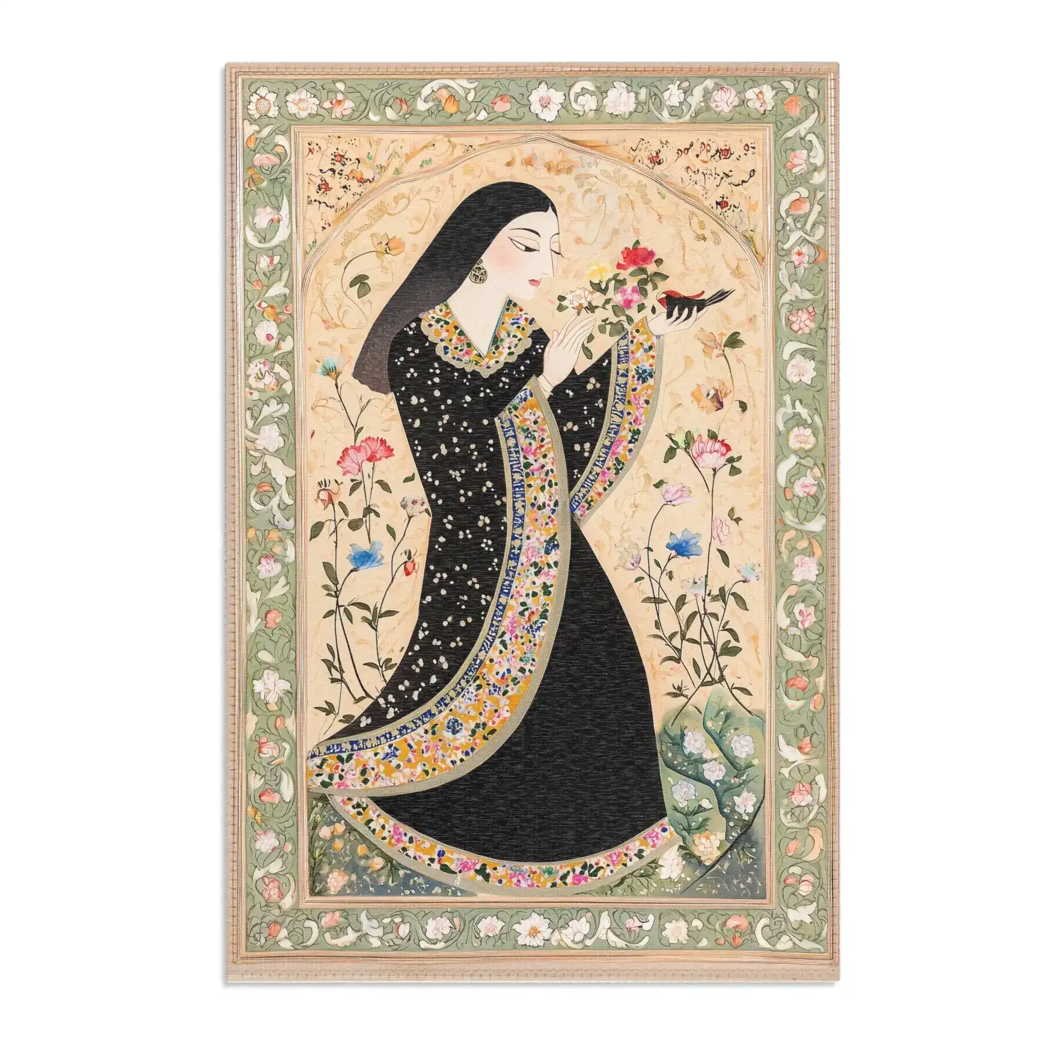Persian Hand-Painted Floral Calligraphy Rug - Image 4