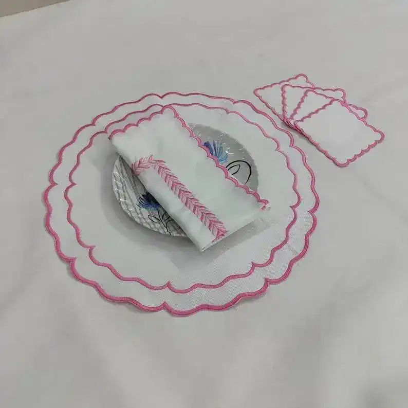 Pink Double Scalloped Round White Placemats - Image 4
