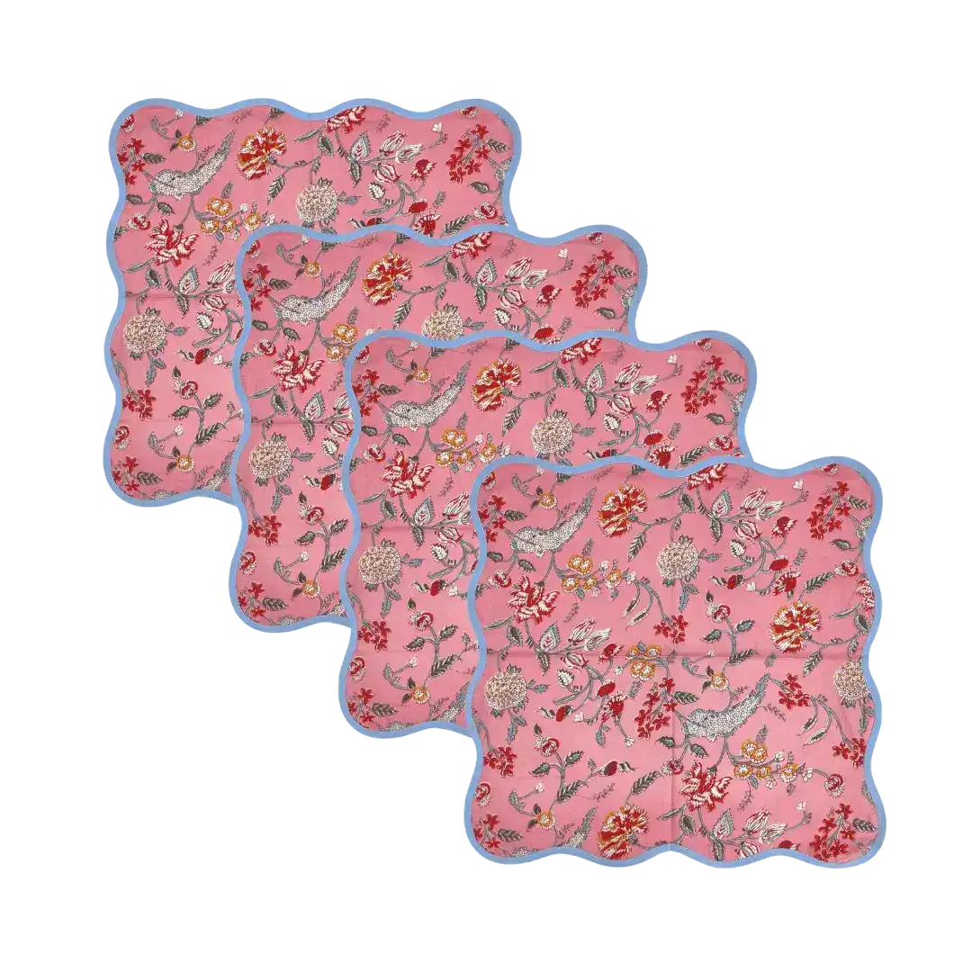 Pink Floral Block Printed Scalloped Cotton Napkins - Image 2