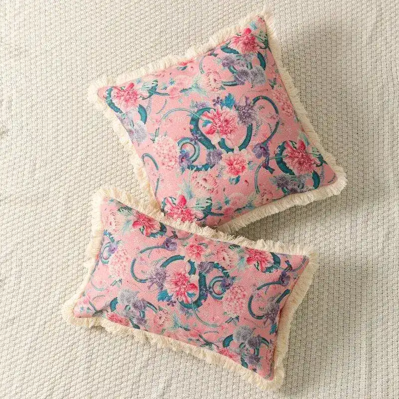 Pink Floral Snake Art Throw Pillow Cover with Fringes