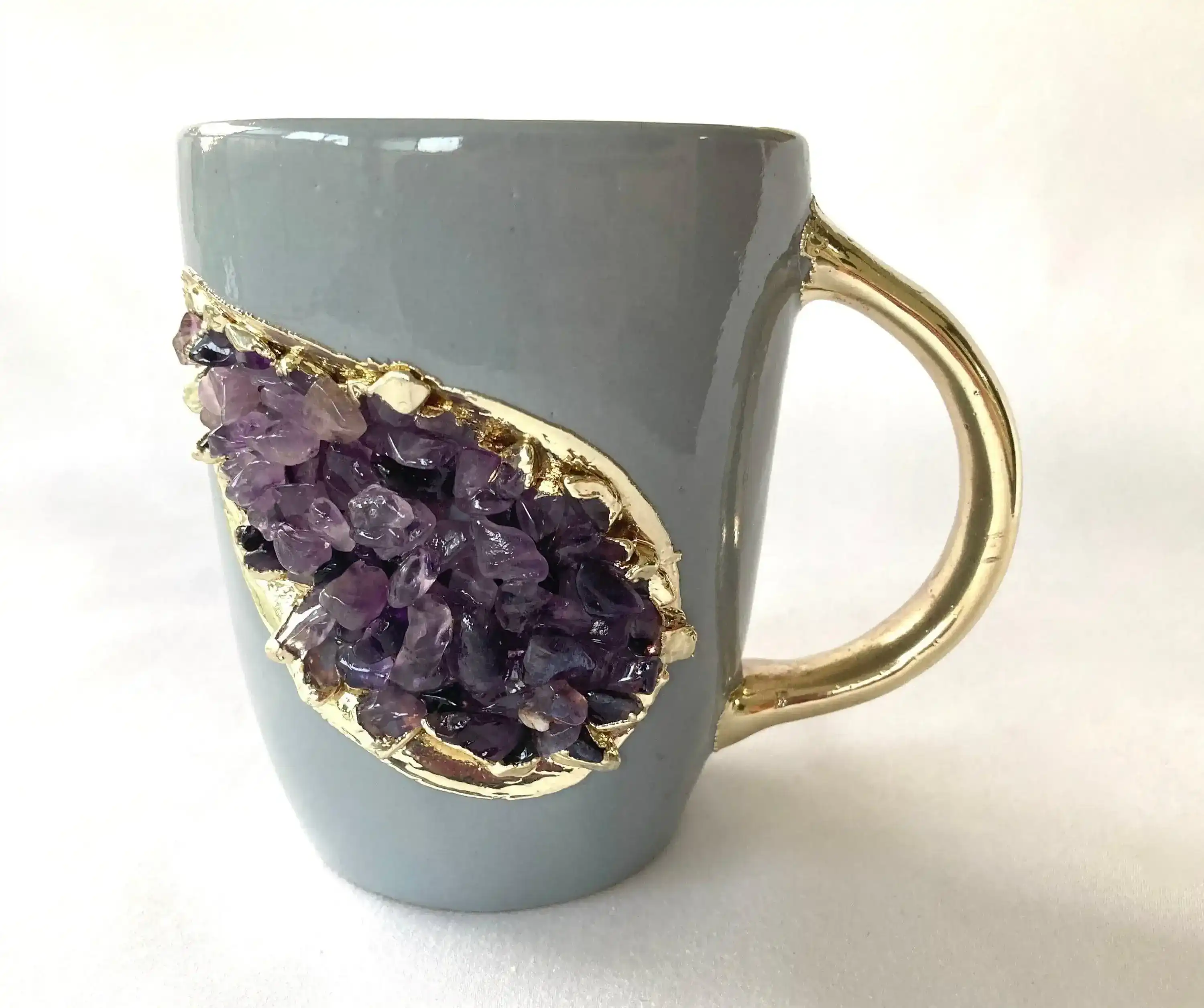 Purple Quartz Marbled Gray Ceramic Coffee Mug with Gold Handle - Set of 2 - Image 3