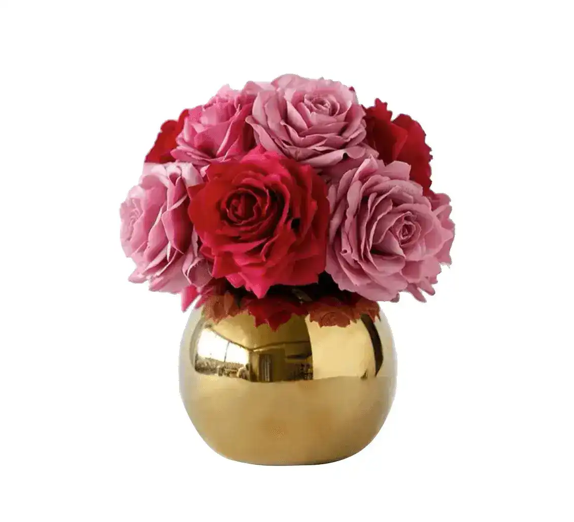 Real Touch Luxury Artificial Pink Red Rose Arrangement in Golden Pot - Image 3