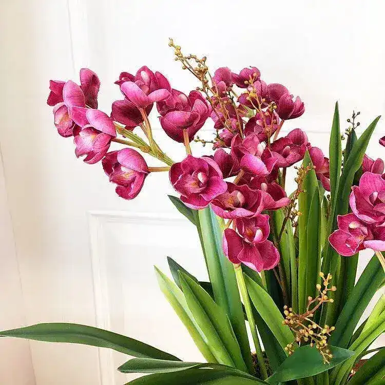 Real Touch PEVA Purple Cymbidium Orchid Arrangement in Golden Pot - Image 3