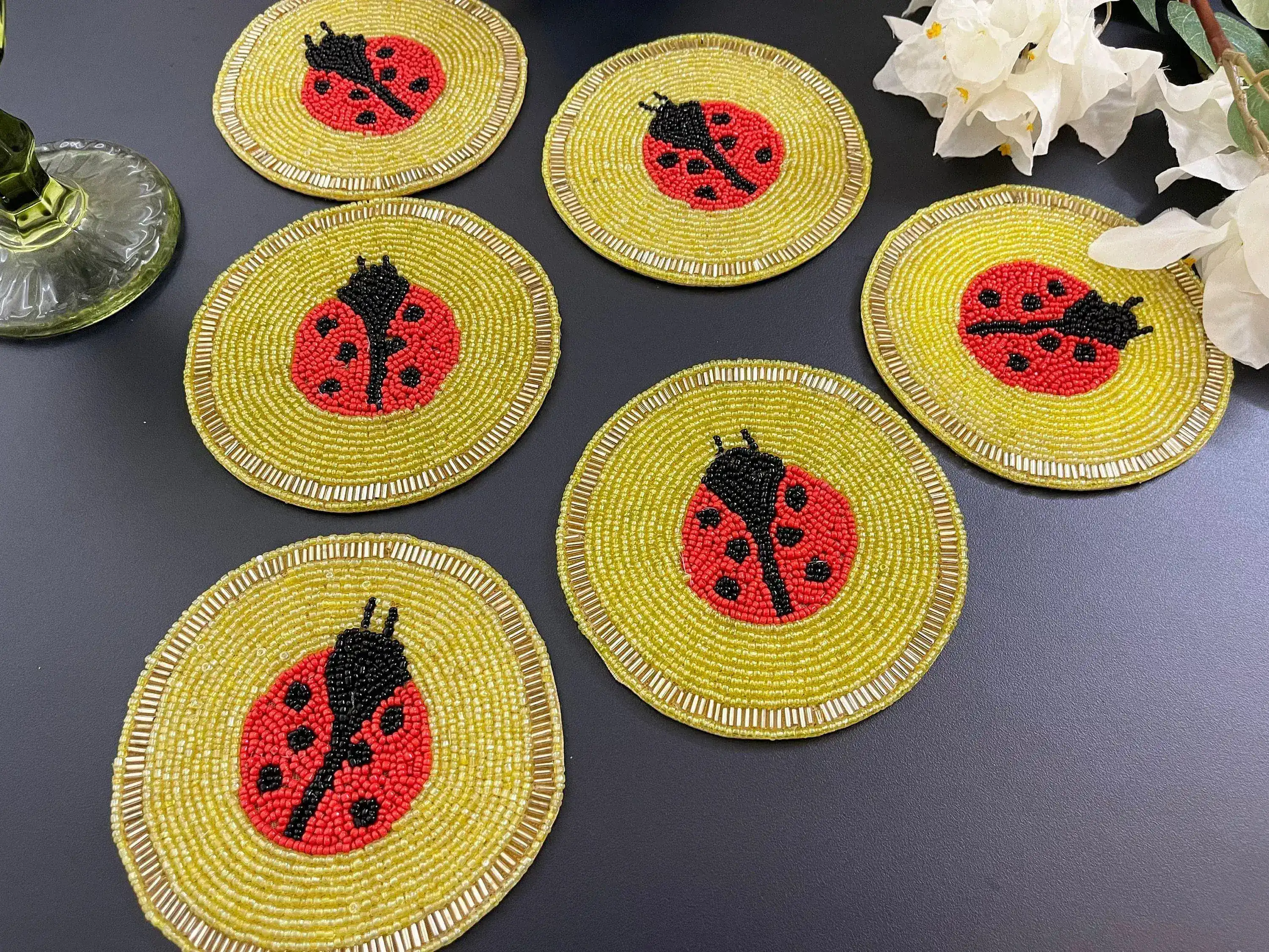 Red and Yellow Lady Bug Beaded Coasters - Set of 6 - Image 3
