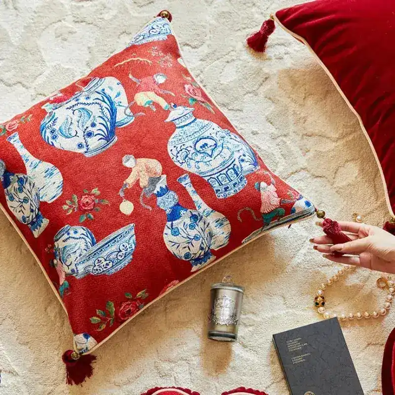 Red Chinoiserie Inspired Pillow Cover with Tassels - Image 3