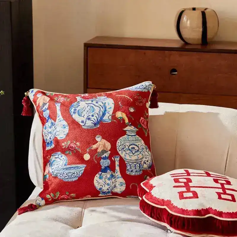 Red Chinoiserie Inspired Pillow Cover with Tassels - Image 5