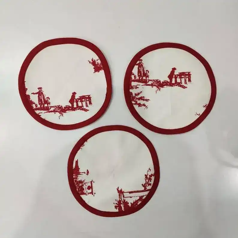 Red Chinoiserie Inspired Round Cotton Placemats - Image 4
