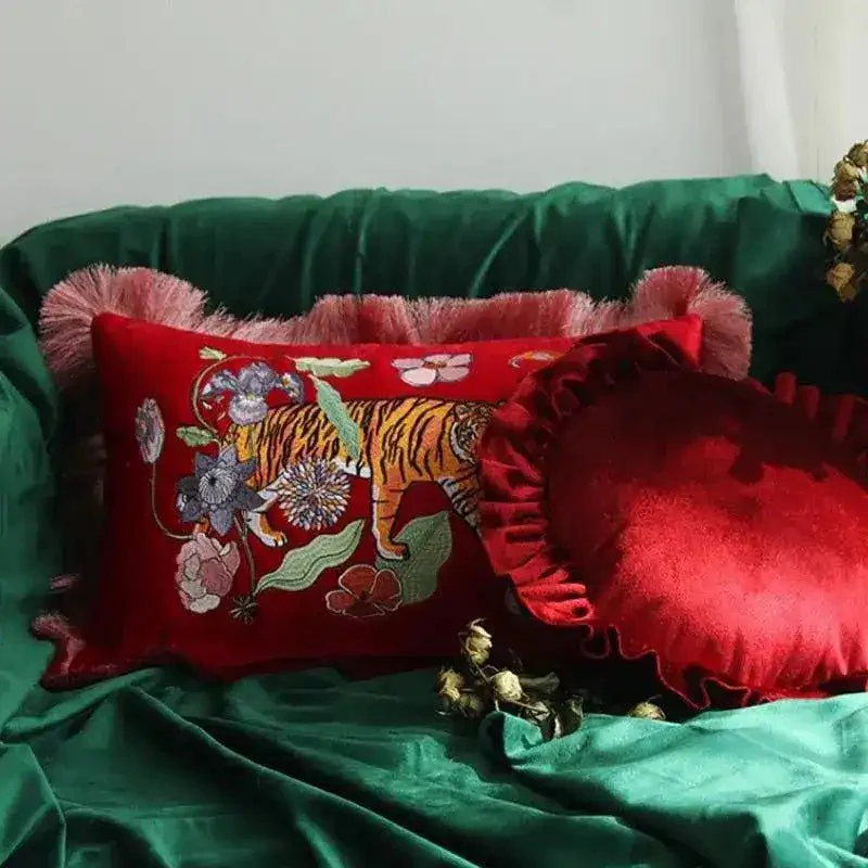 Red Embroidered Tiger Lumbar Pillow Cover 12" x 20" - Image 3