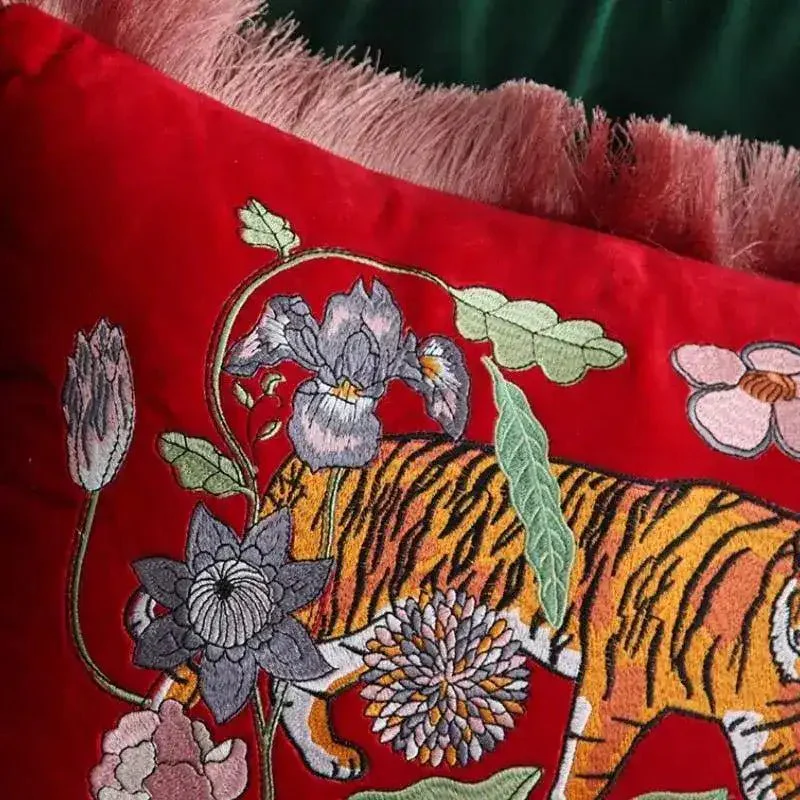 Red Embroidered Tiger Lumbar Pillow Cover 12" x 20" - Image 4