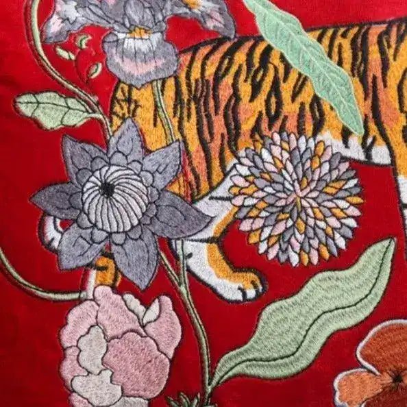 Red Embroidered Tiger Lumbar Pillow Cover 12" x 20" - Image 5