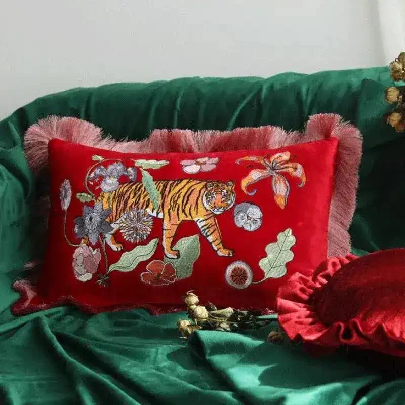 Red Embroidered Tiger Lumbar Pillow Cover 12" x 20" - Image 7