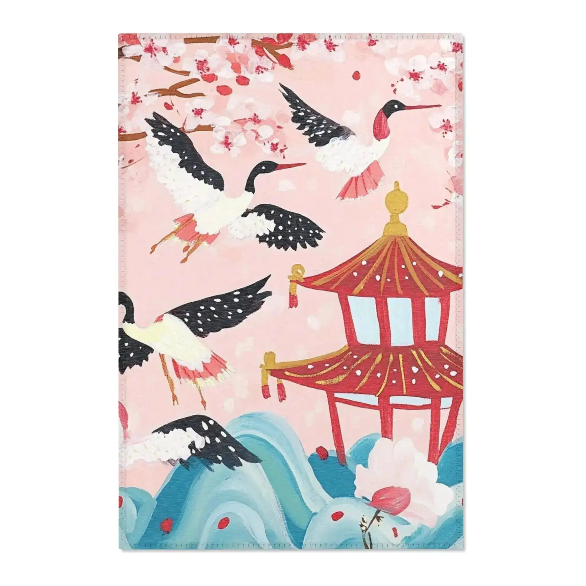 Red Pavilion and Crane Blossom Accent Rug - Image 2