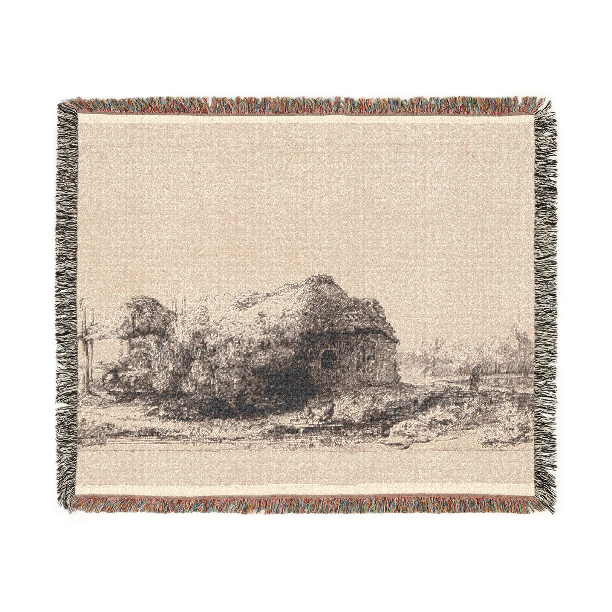 Rembrandt van Rijn - Landscape with Cottages and a Hay Barn Oblong | Woven Tapestry Blanket - Image 7