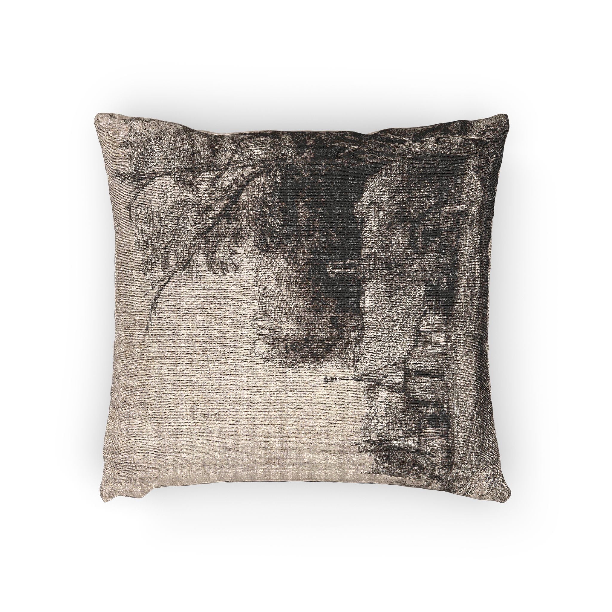 Rembrandt van Rijn - Landscape with Three Gabled Cottages Beside a Road | Woven Pillow - Image 2