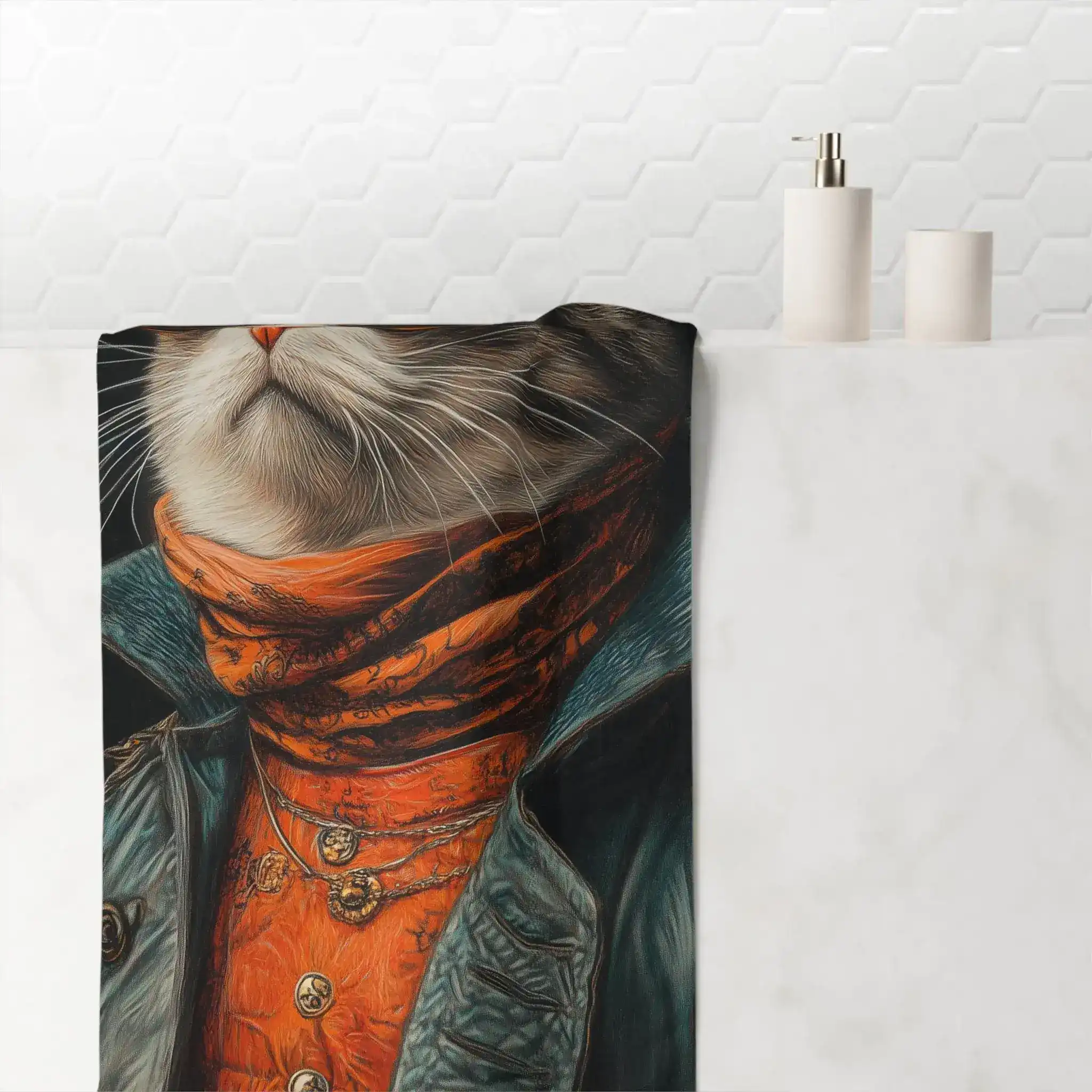 Renaissance Cat in Couture with Orange Scarf and Sunglasses Bath Towel - Image 2