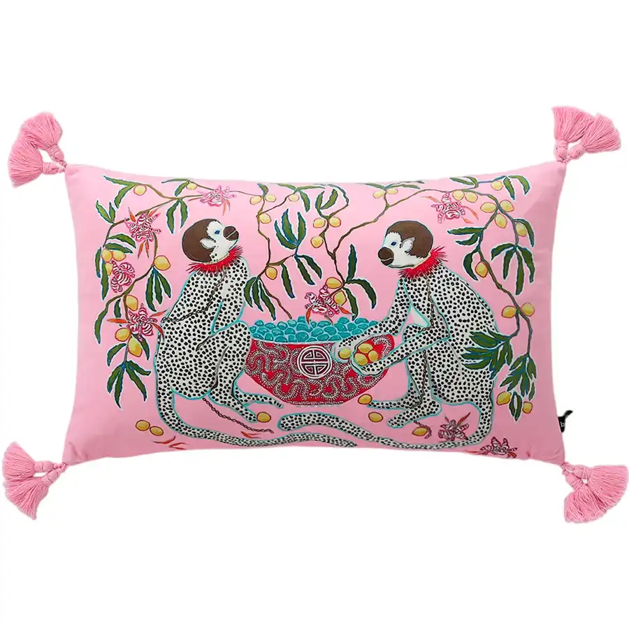 Retro Monkey Charm Pink Cushion Cover