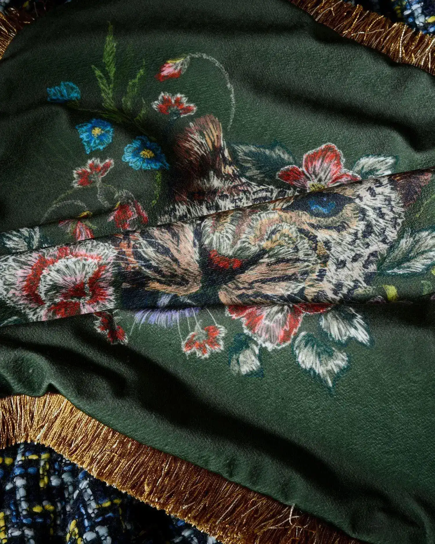 Roaring Leopard Floral Velvet Throw Cushion Cover with Fringe - Image 5